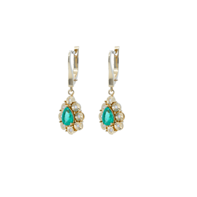 Pear Cut Natural Emerald and Diamond Dangle Earrings