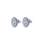 Baguette and Round Cut Diamond Halo Stud Earrings