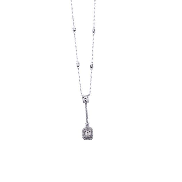 Baguette and Round Double Drop Pendant Necklace