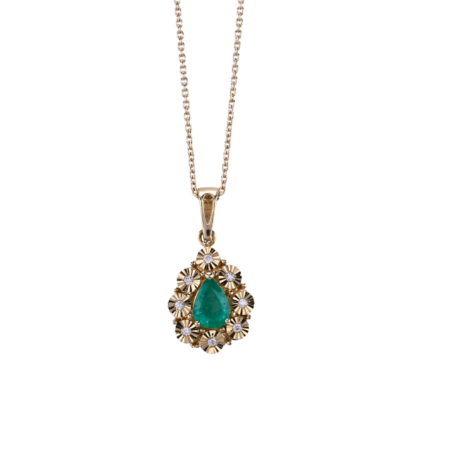Pear Cut Natural Emerald and Diamond Pendant