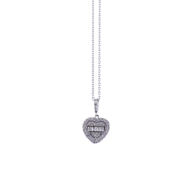 Heart-Shaped Halo Baguette and Round Cut Diamond Pendant
