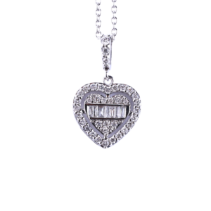 Heart-Shaped Halo Baguette and Round Cut Diamond Pendant