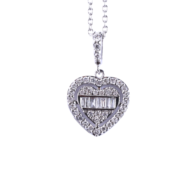 Heart-Shaped Halo Baguette and Round Cut Diamond Pendant