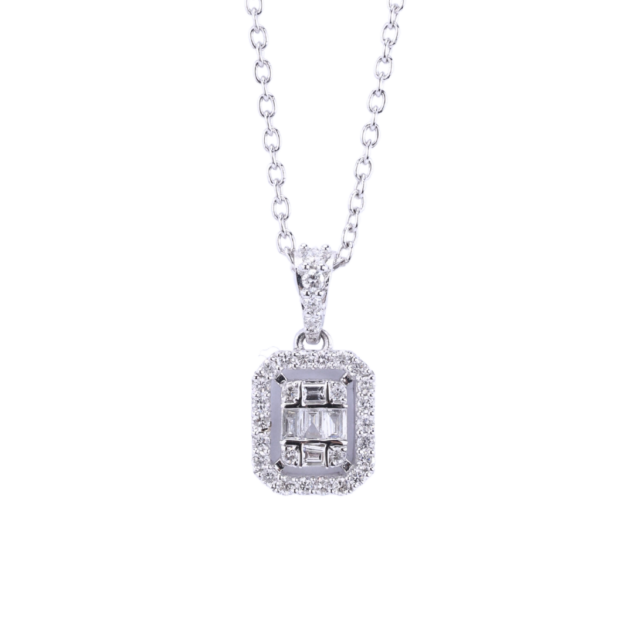 Halo Baguette and Round Cut Diamond Pendant