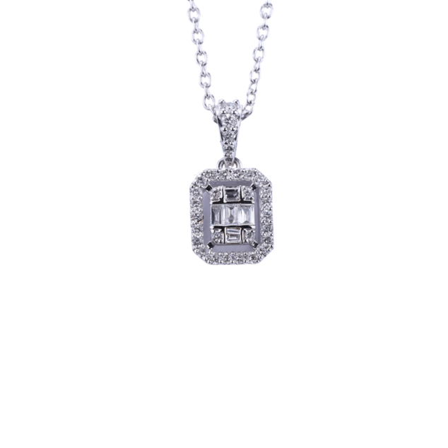 Halo Baguette and Round Cut Diamond Pendant