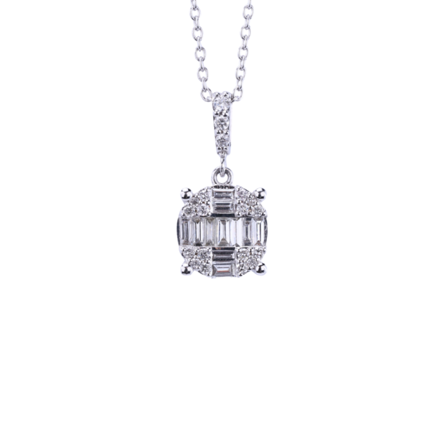 Baguette and Round Halo Diamond Pendant