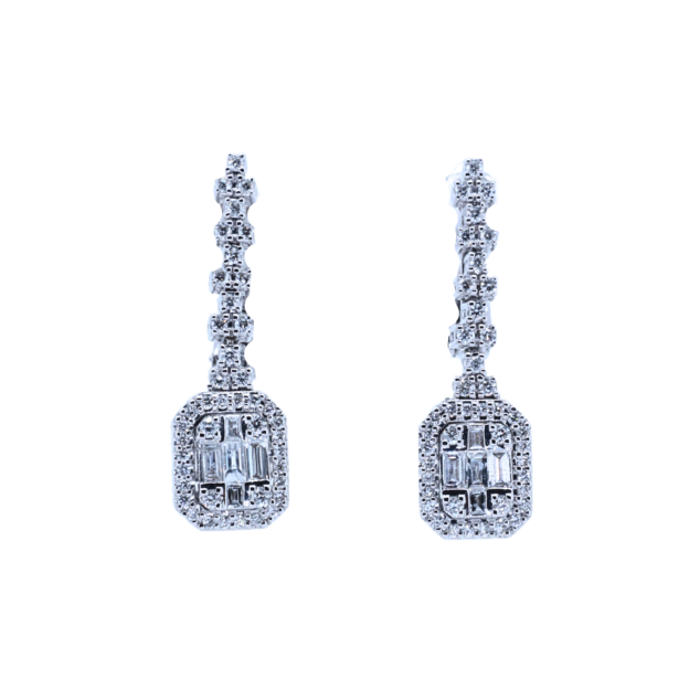 Baguette and Round Cut Diamond Drop Earrings