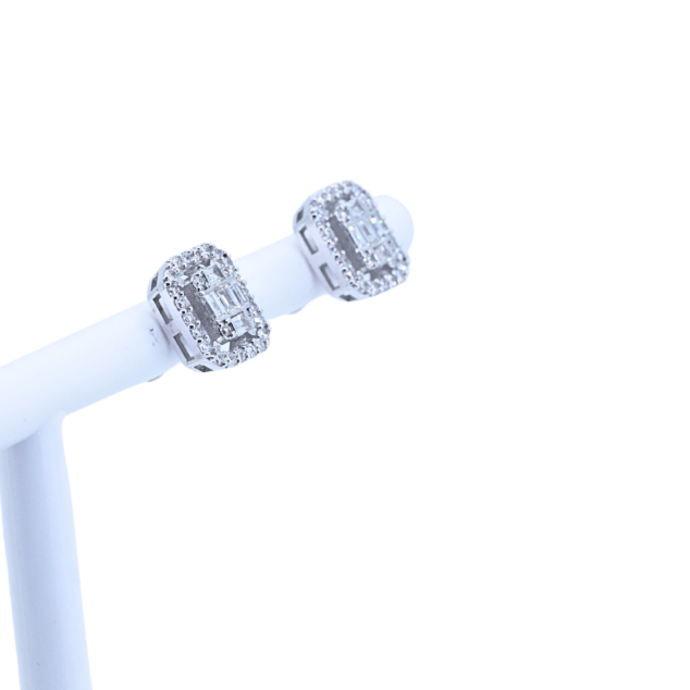 Halo Baguette and Round Cut Diamond Stud Earrings