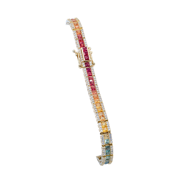 Princess Cut Multicolored Sapphire and White Brilliant Cut Diamond Bracelet