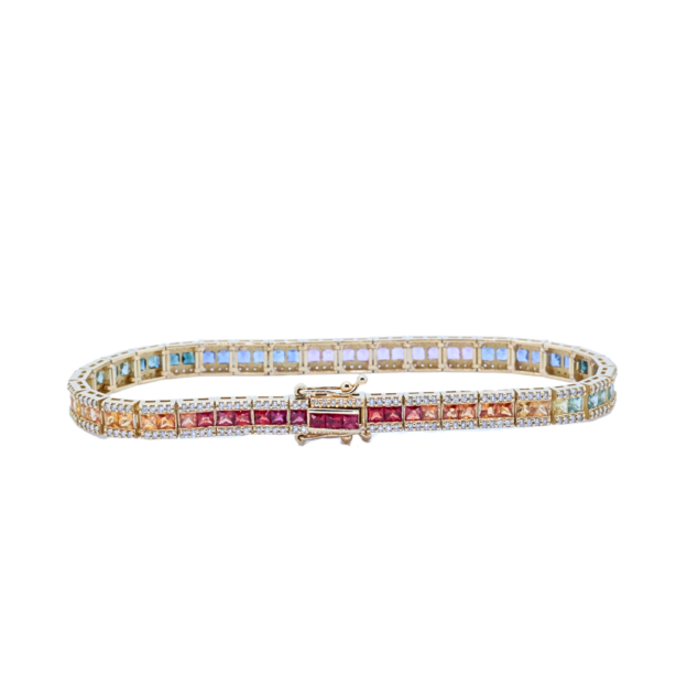 Princess Cut Multicolored Sapphire and White Brilliant Cut Diamond Bracelet
