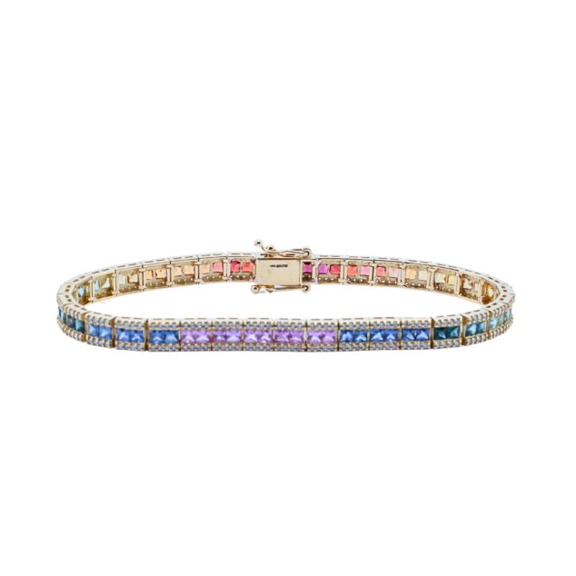 Princess Cut Multicolored Sapphire and White Brilliant Cut Diamond Bracelet