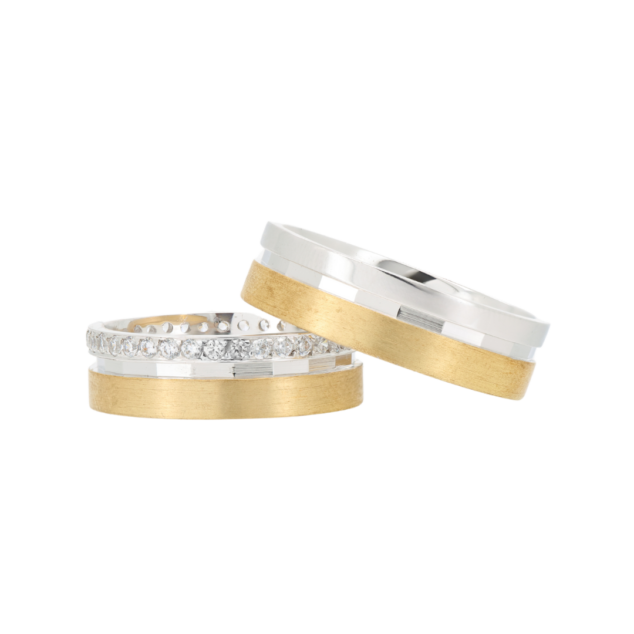 Diamond yellow and white gold wedding bands
