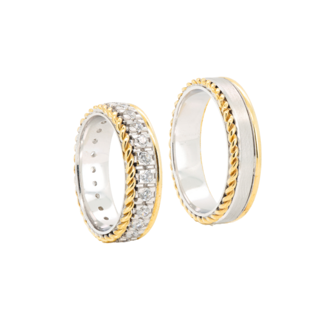 Diamond yellow and white gold wedding bands