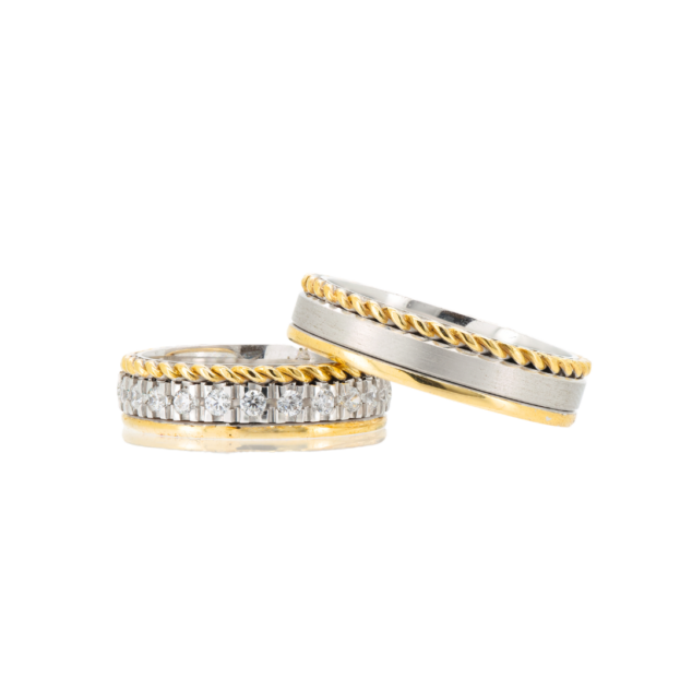 Diamond yellow and white gold wedding bands