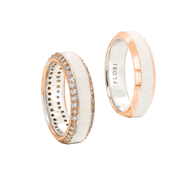 Diamond rose and white gold wedding bands